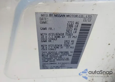 2013 Infiniti Jx35 z USA, uszkodzony, nr VIN 5N1AL0MM8DC329005